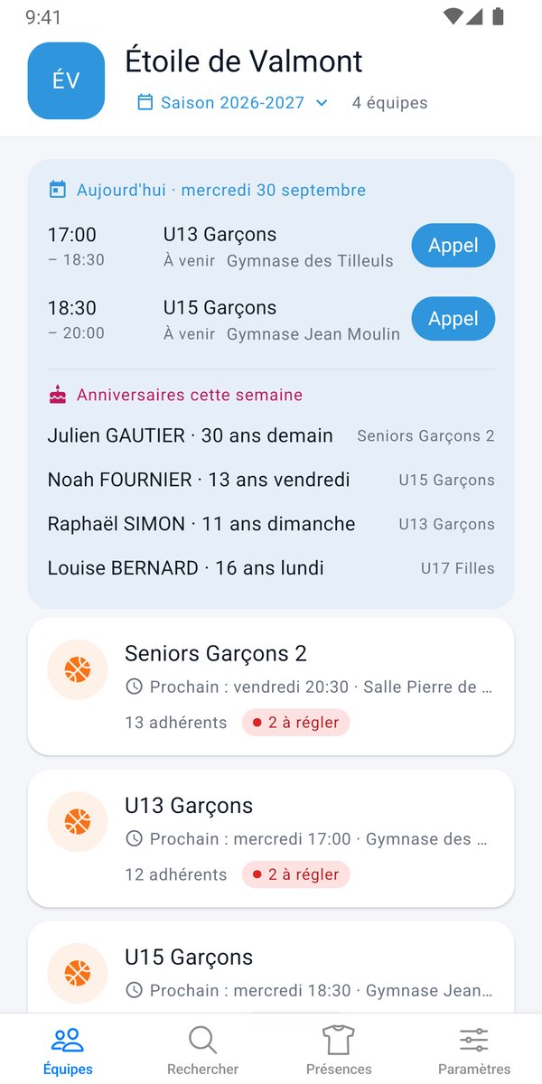 Accueil de l'appli : les séances du jour avec le bouton Appel, les anniversaires de la semaine et les équipes de l'entraîneur