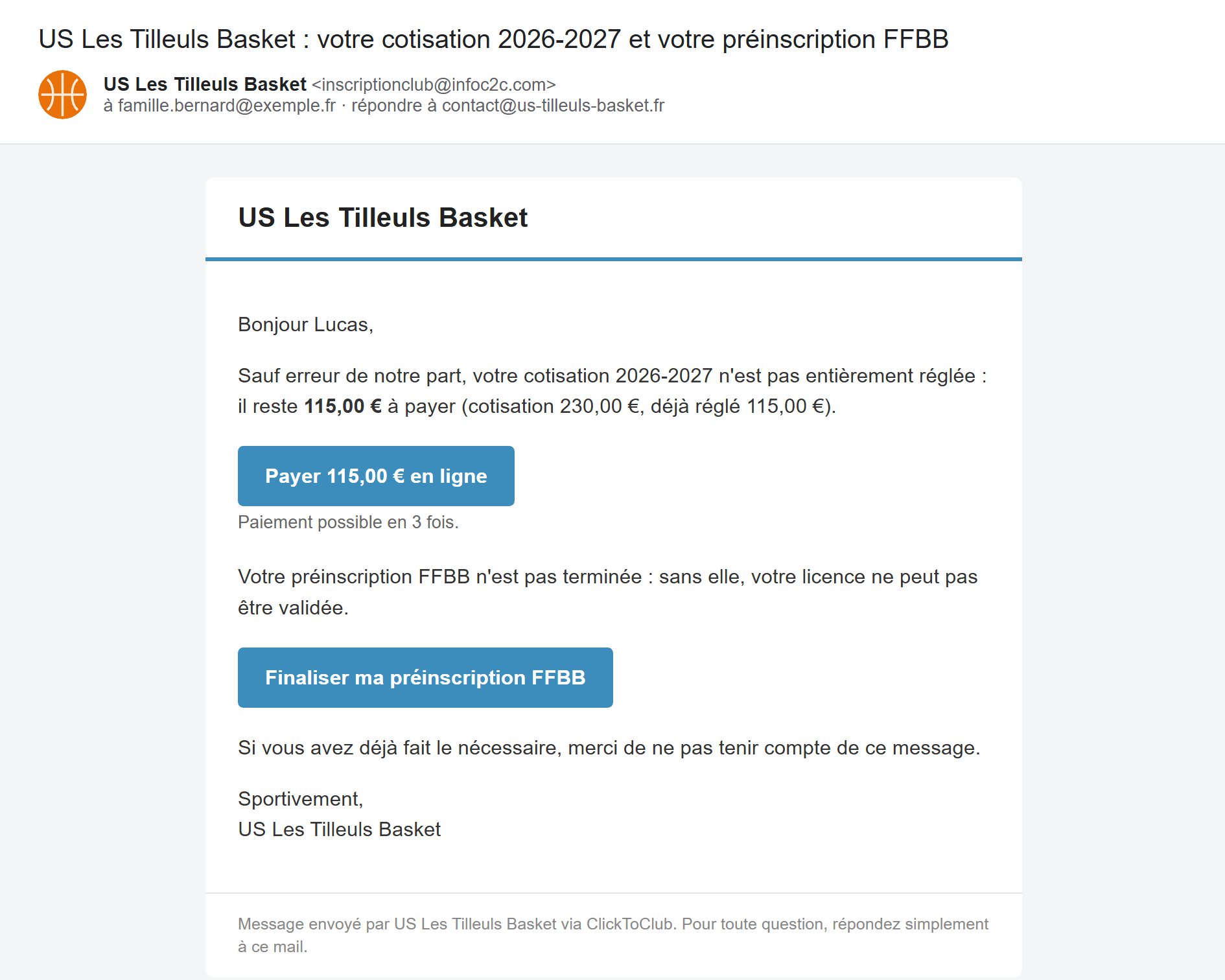 Relances : le mail reçu par la famille, avec le bouton de paiement du solde
